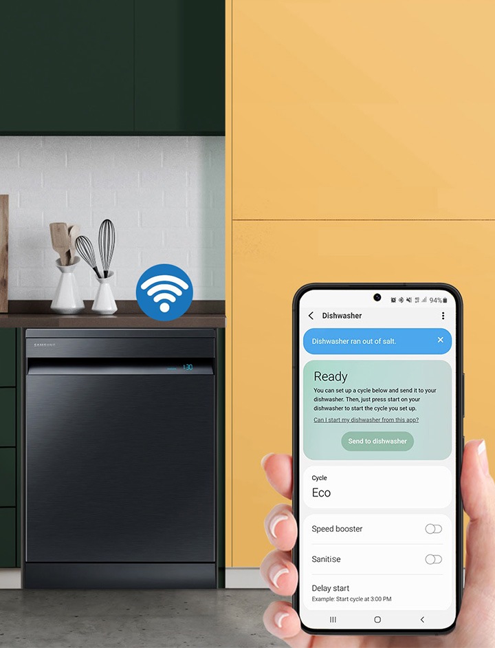 Megjeleníti a SmartThings alkalmazást okostelefonon, a ciklus, a sebességnövelő, a fertőtlenítés és a késleltetett indítás lehetőségeivel, valamint egy gombbal.