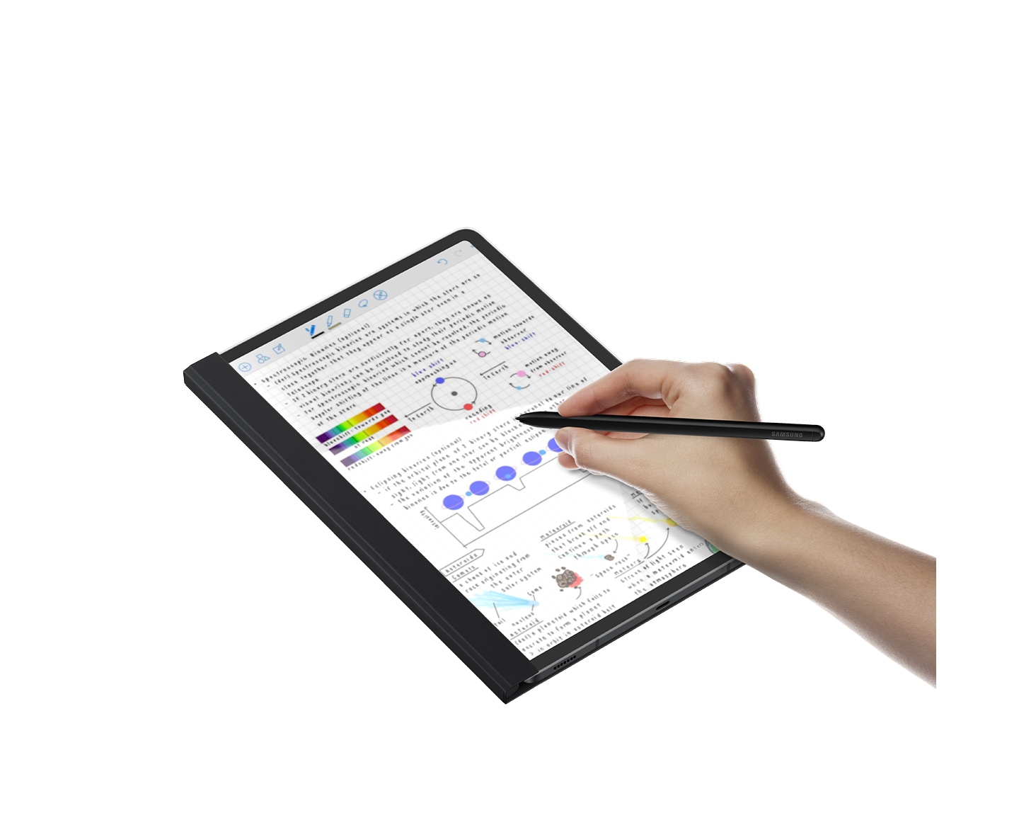 A Galaxy Tab S8 device in a Tab S8 Note View Cover shown with a person's hand writing notes using an S Pen.