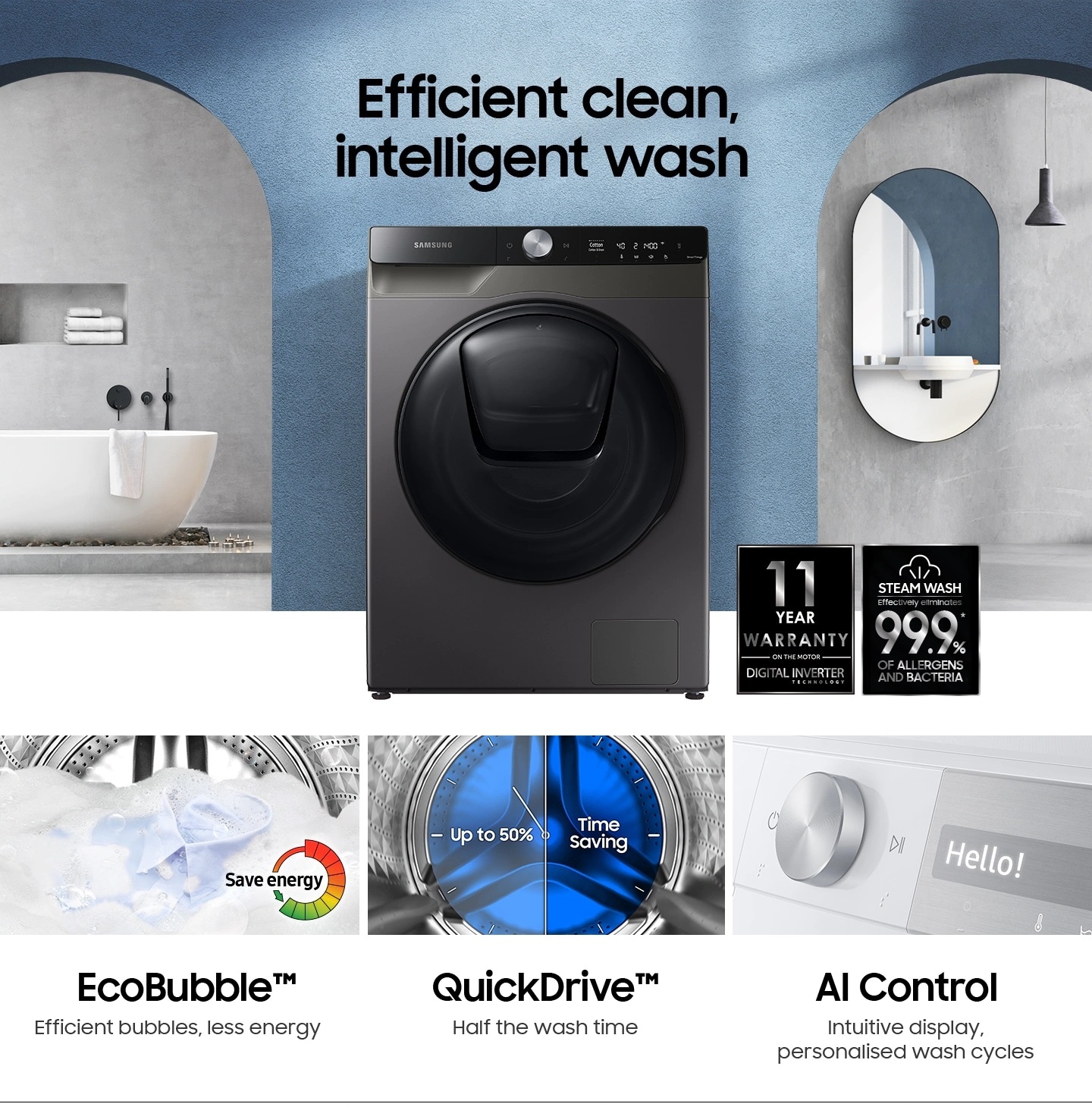 WW7500T is germ-free, and 10-year warranty with EcoBubble, QuickDrive, and AI Control functions.