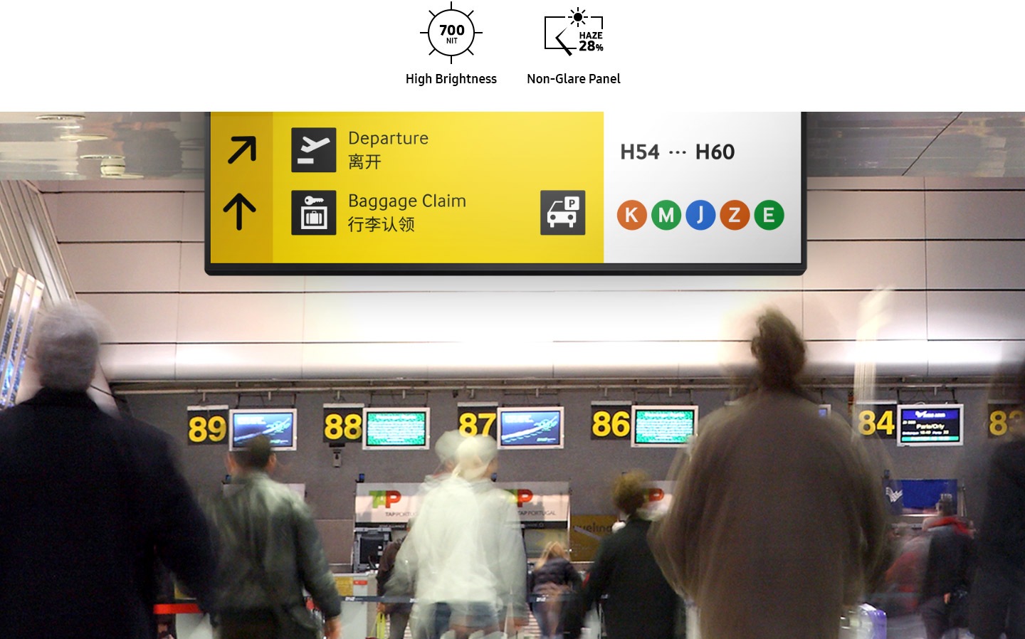 The airport ceiling SHR-B is hanging. At the top, there is a 700 nit High brightness and 28%" haze non-glare panel icon.