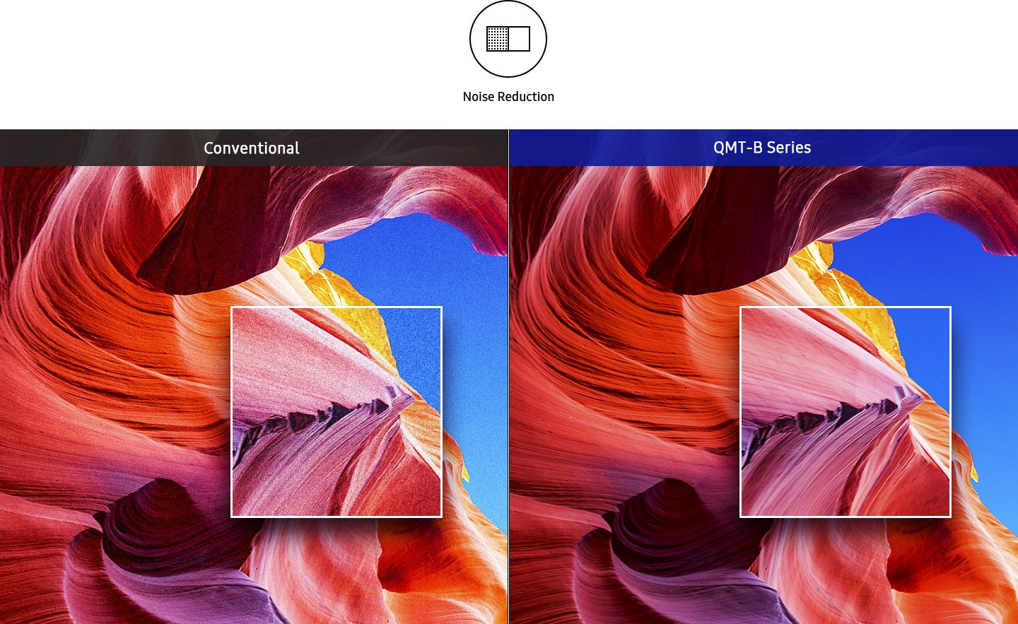 The Noise Reduction icon is at the top. Conventional and QMT-B Series are compared. Conventional is less sharp, QMR-T is sharp.