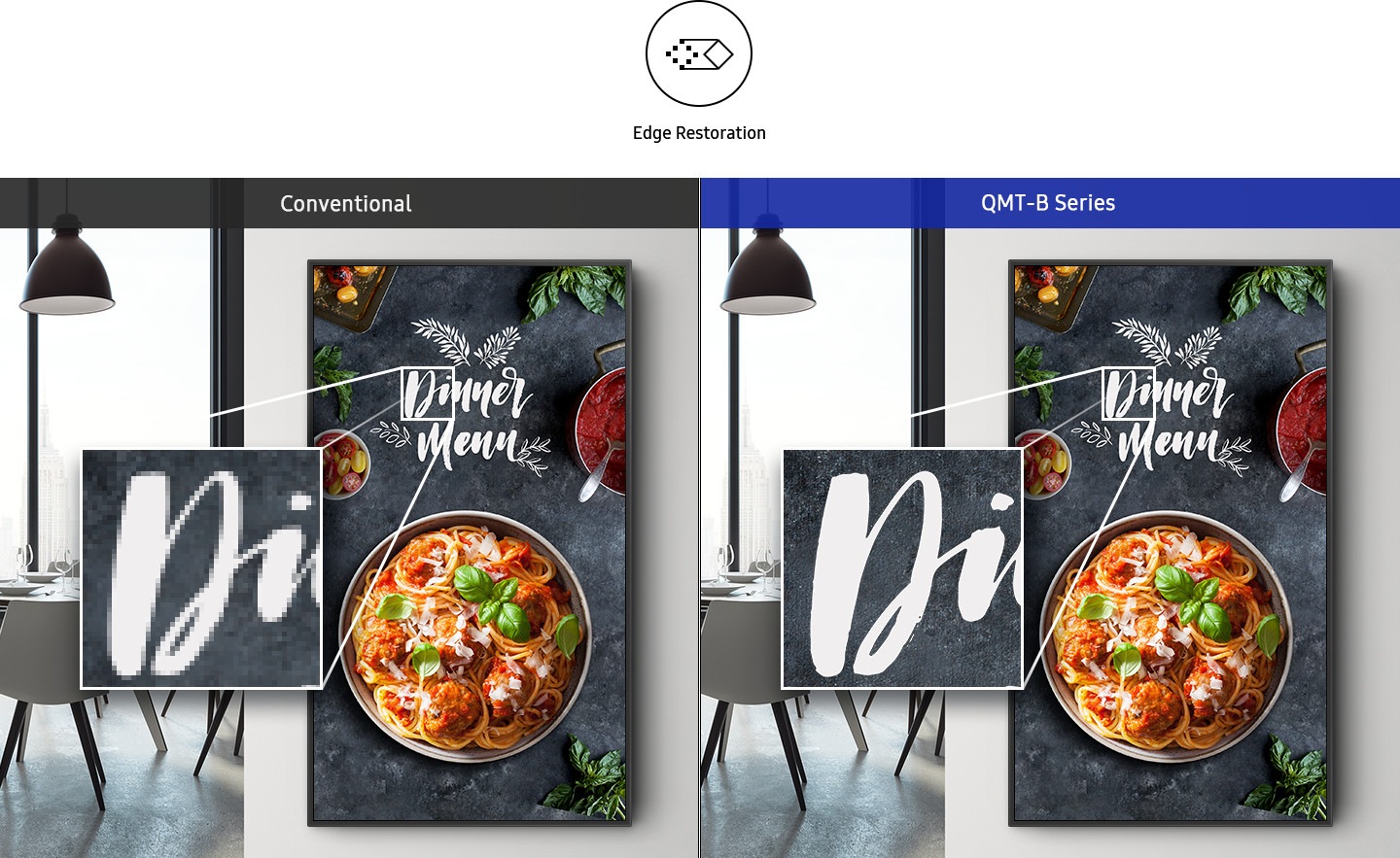 The Edge Restoration icon is at the top. Conventional and QMT-B Series are compared. In Conventional, the edges of the text are broken, and in QMT-B, the edges are smoothly connected.