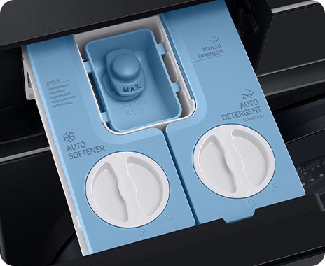 Top view of the Auto Dispenser. Auto Softener and Auto Detergent are printed on the dispenser.