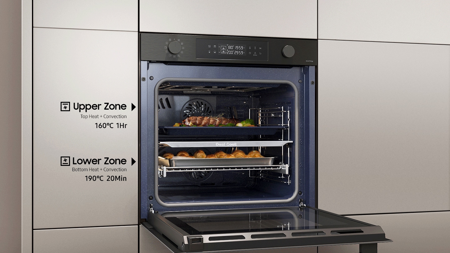 Shows the upper and lower zones of the Dual Cook Flex system being used independently to cook different dishes at the same time with different settings: the upper zone using top heat + convection for 1 hour at 160°C and the lower zone using bottom heat + convection for 20 minutes at 190°C.