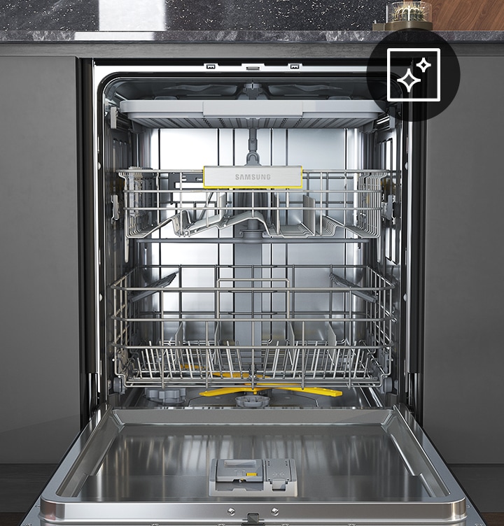 Shows the sparkling clean interior of the dishwasher after using the Machine Care function to remove dirt and odor-causing bacteria.