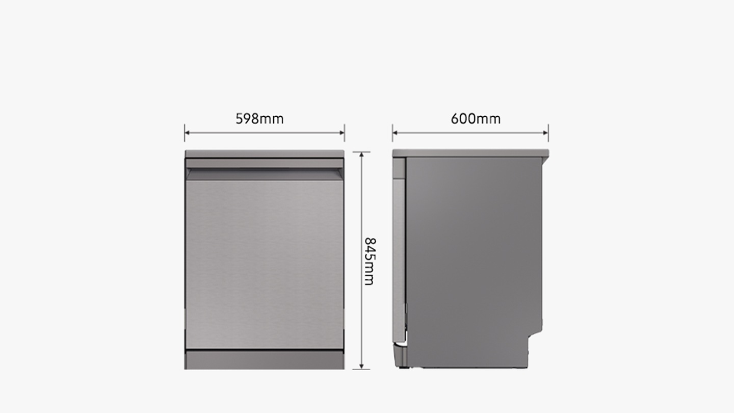 Shows the dimensions of the 2 types of dishwasher. Freestanding: height = 845mm, width = 595mm, depth = 575mm. Built-in: height = 815-860mm, width = 595mm, depth (incl. door) = 552mm. It also shows the minimum size of the cabinet space that the Built-in dishwasher can be installed in: height = 820-865mm, width = 600mm, depth = 575mm.