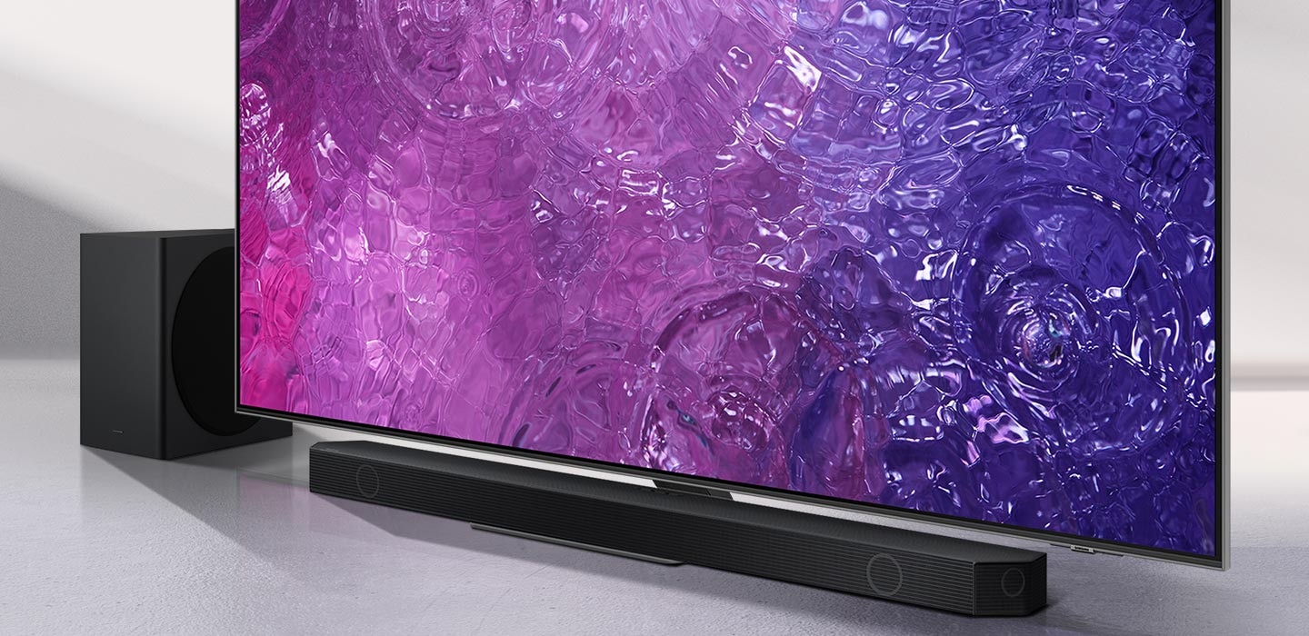 Samsung Q series Soundbar and subwoofer with QLED TV.