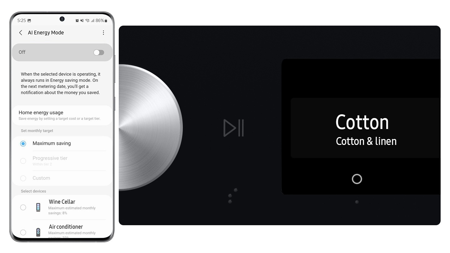 The AI ​​Energy Mode for Washer is activated by checking the mode button to 'On' and selecting the device you want to run on your smartphone. After the cycle, the cleaning is complete with AI Energy Mode which saves 397 Wh (70%) of energy. Images shown are for illustration purpose.