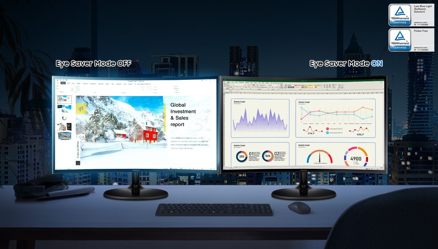 Eye Saver Mode OFF and Eye Saver Mode ON monitors are placed side by side on the desk at night. The monitor in Eye Saver Mode OFF causes high eye fatigue due to blue light. The monitor in Eye Saver Mode ON blocks blue light to reduce eye fatigue. At the top is the TÜV Rheinland certification mark.