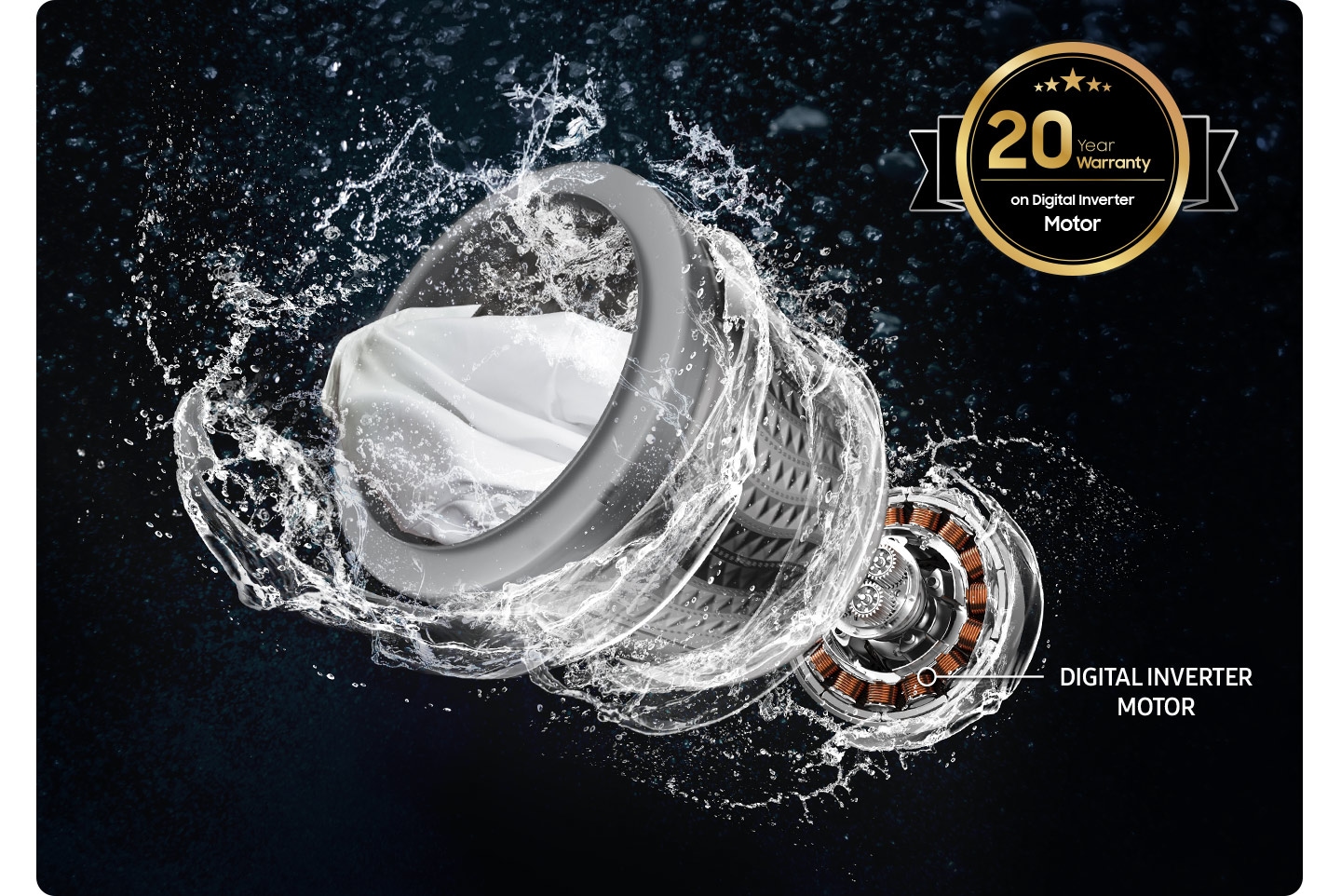 Digital Inverter Motor, drum and water stream spins fast. WA5000C’s warranty is 20 year.