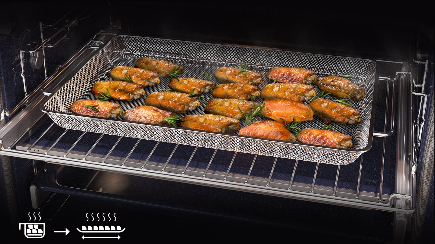 Shows food in the oven being fried with only a small amount of oil using Air Fry.