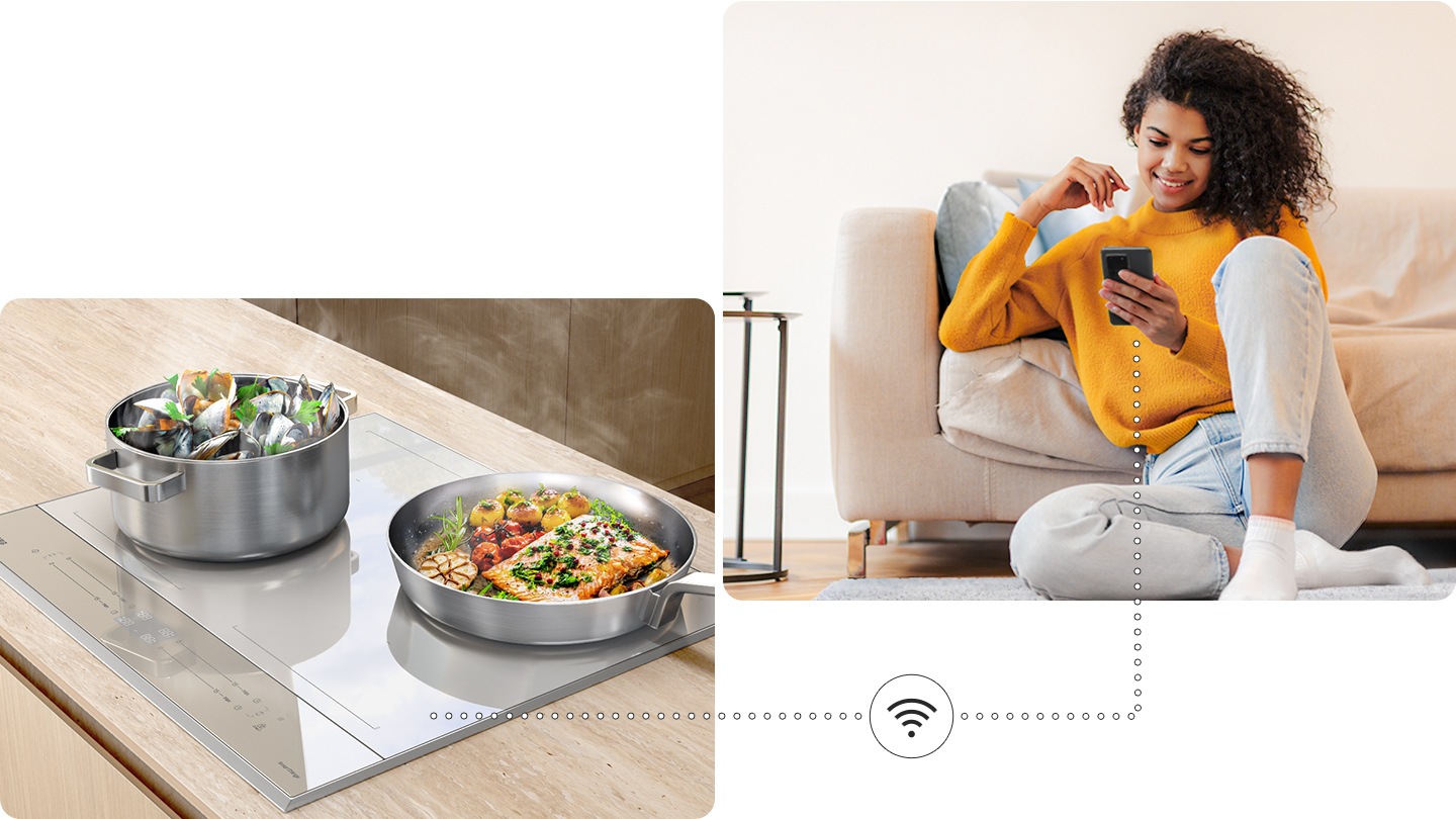 Two pots with delicious food are boiling on the cooktop, and a woman is monitoring the cooktop status remotely near the sofa via the SmartThings app on her smartphone.