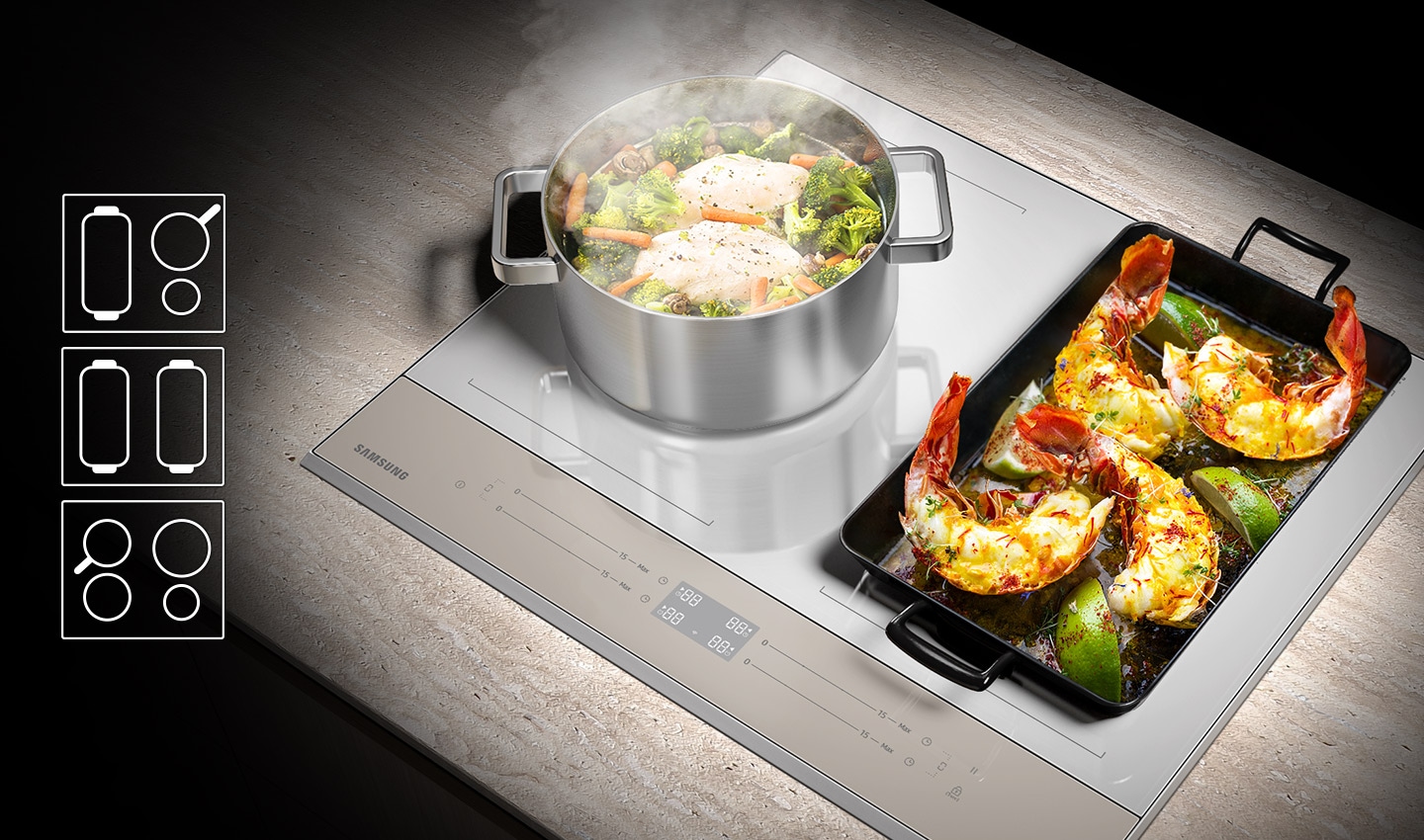 A round stockpot with a boiling chicken breast and vegetables is on the left Flex Zone, and the large square grill pan with lobster grilling is on the right Flex Zone. Icon shows the Dual Flex Zone can be used in three ways. First is one large rectangle-shaped cookware, one medium sized cookware and small sized cookware. Second is two large rectangle-shaped cookware. Third two medium sized cook ware and two small sized cookware.