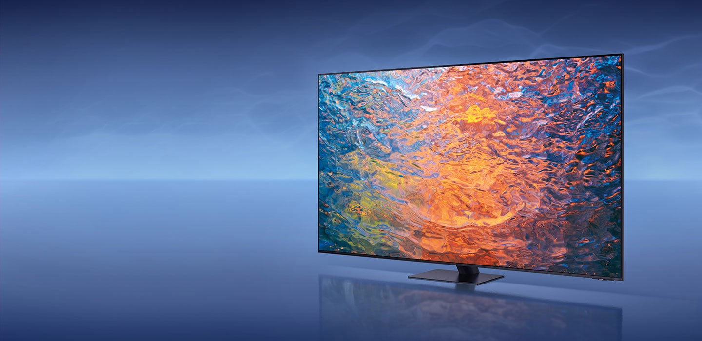 A Neo QLED TV is displaying colorful graphic on its screen