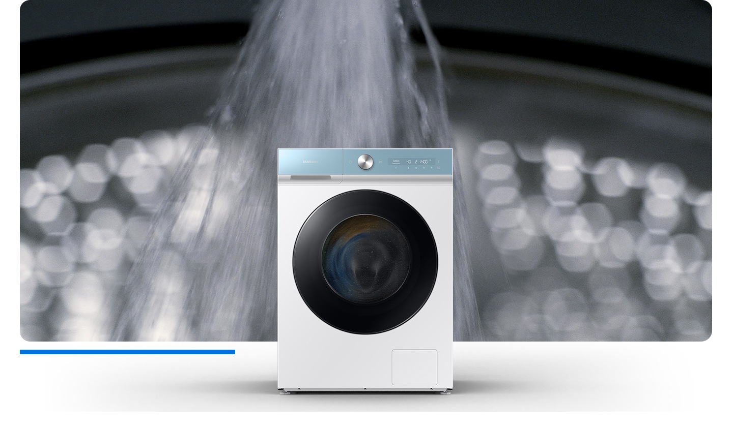 The powerful water is sprayed, bubbles are formed, and clothes are washed. The “50% time saving” text appears on the top of the washing machine.