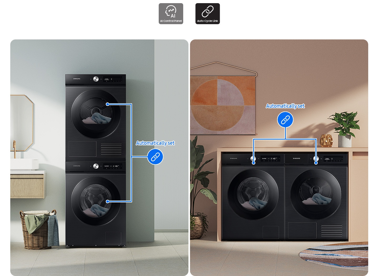 Two sets of washers and dryers are placed differently in two separate living spaces. Drying cycles are automatically set.