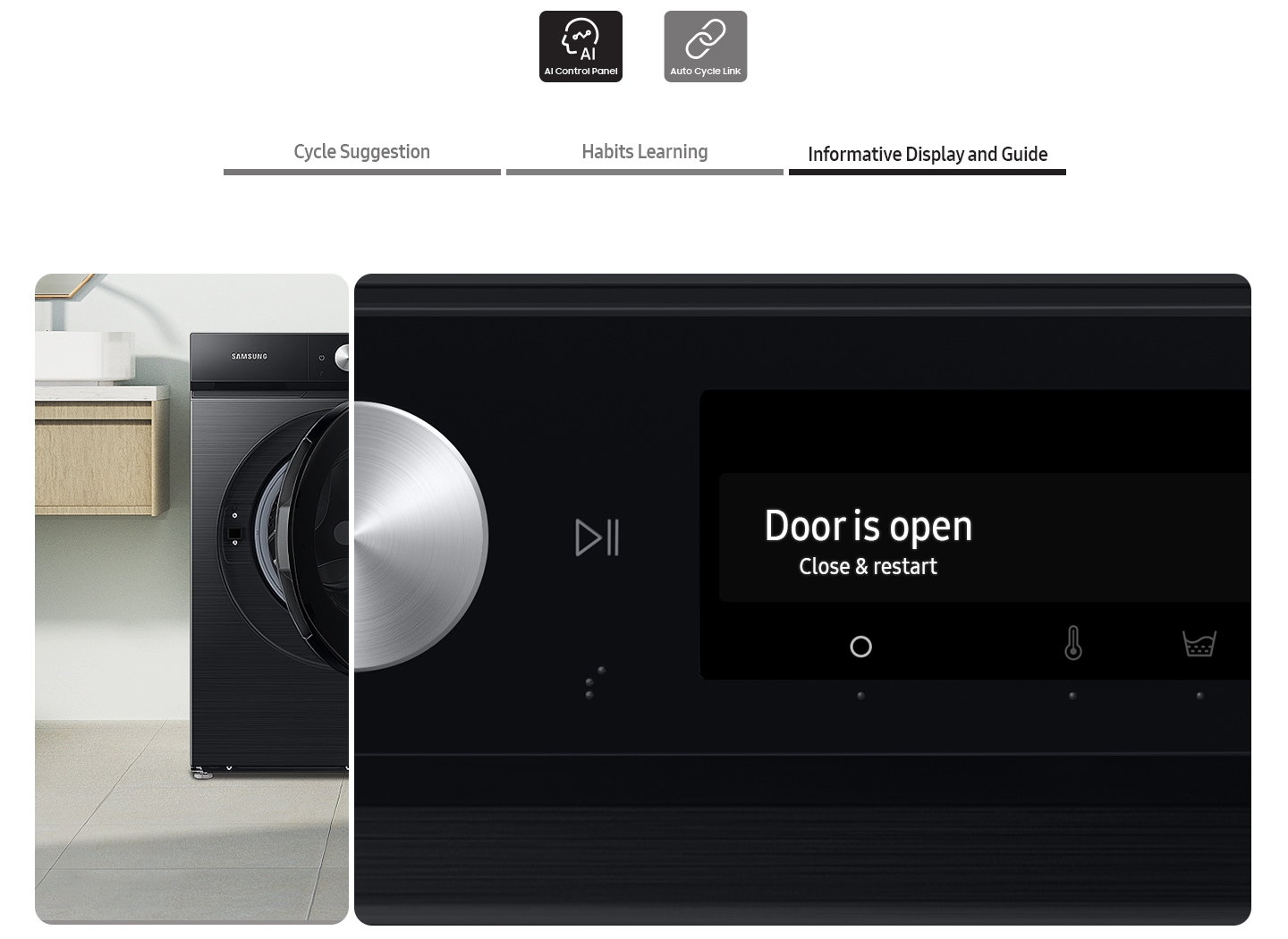 The AI washer’s control panel displays the Cycle suggestion, Habits learning, Informative display and guide.
