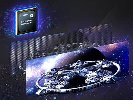 Two screens along with the Samsung Neo Quantum Processor Pro square chip label are shown, all floating and angled to the right. The chip is on the top left with a glowing blue and purple light surrounding it. The closest screen on the bottom right shows a space scene with a circular spaceship with a star-shaped interior floating in front of a planet and protruding off the screen slightly.