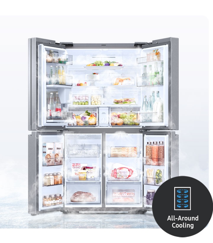 A 4-door fridge is wide open, with cold air circulating evenly around the organized food and beverage compartments.