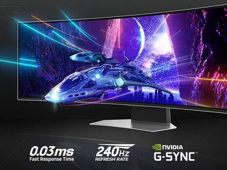 An Odyssey monitor is shown standing on a surface with a spaceship flying away from a nighttime city scene, through a cave, and off the screen. The text around the monitor communicates the specs: “0.03ms fast response time, 240Hz refresh rate, and AMD FreeSync Premium Pro”.