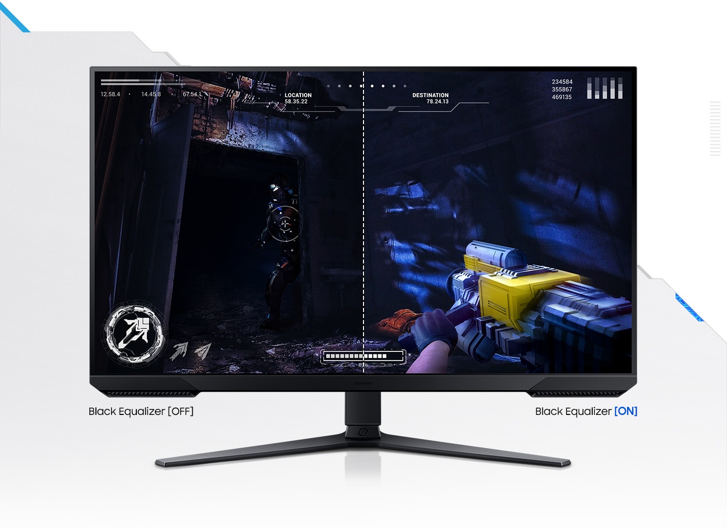 The monitor is divided into two to show the difference in screen brightness. Black Equalizer feature is turned off on one side and on the other side black equalizer feature is turned on.