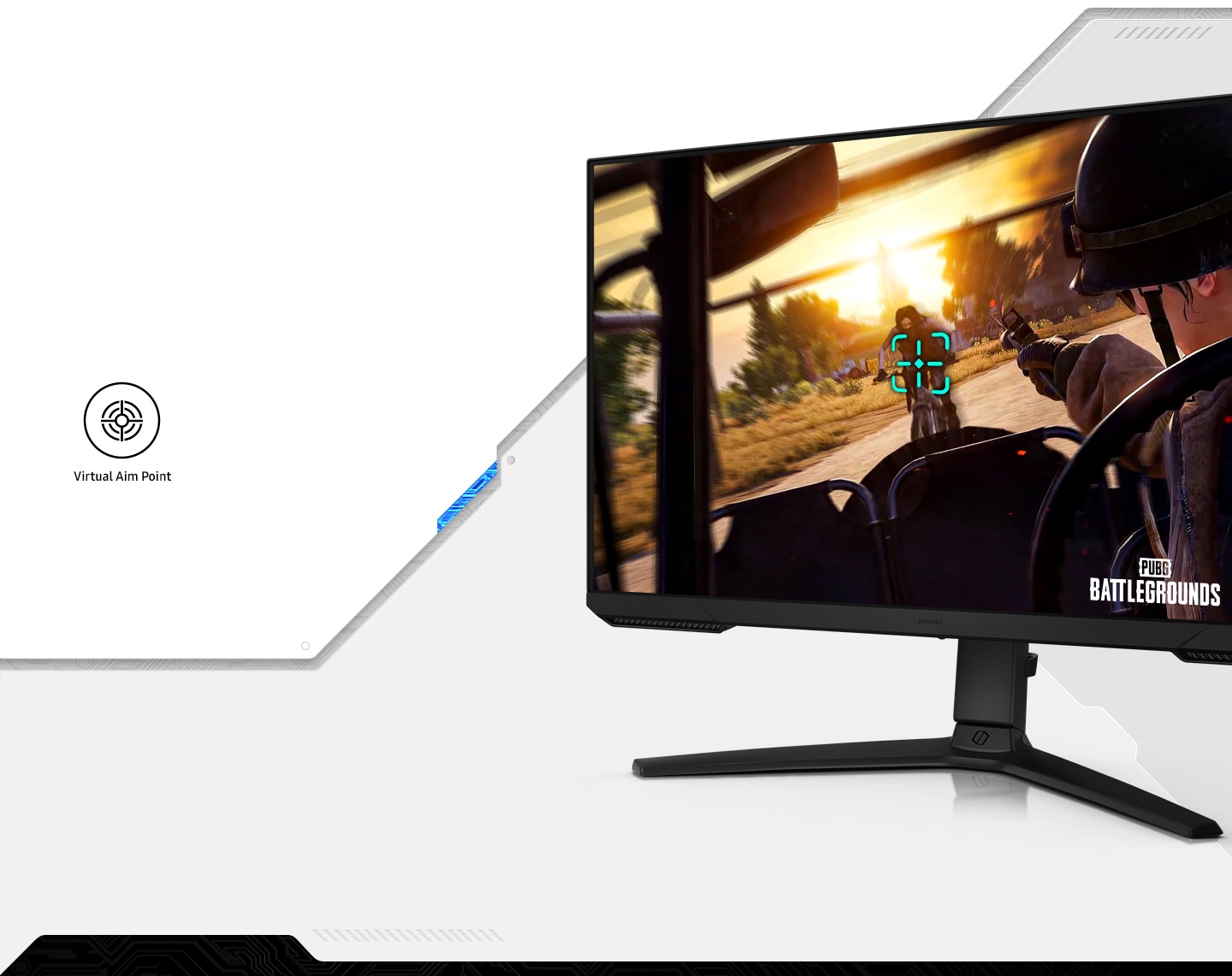 The monitor shows a person in a driving car pointing a gun at an enemy running on a motorcycle. There is a target in the center of the screen. PUBG BATTLEGROUNDS logo is also displayed in the lower right corner of the screen.