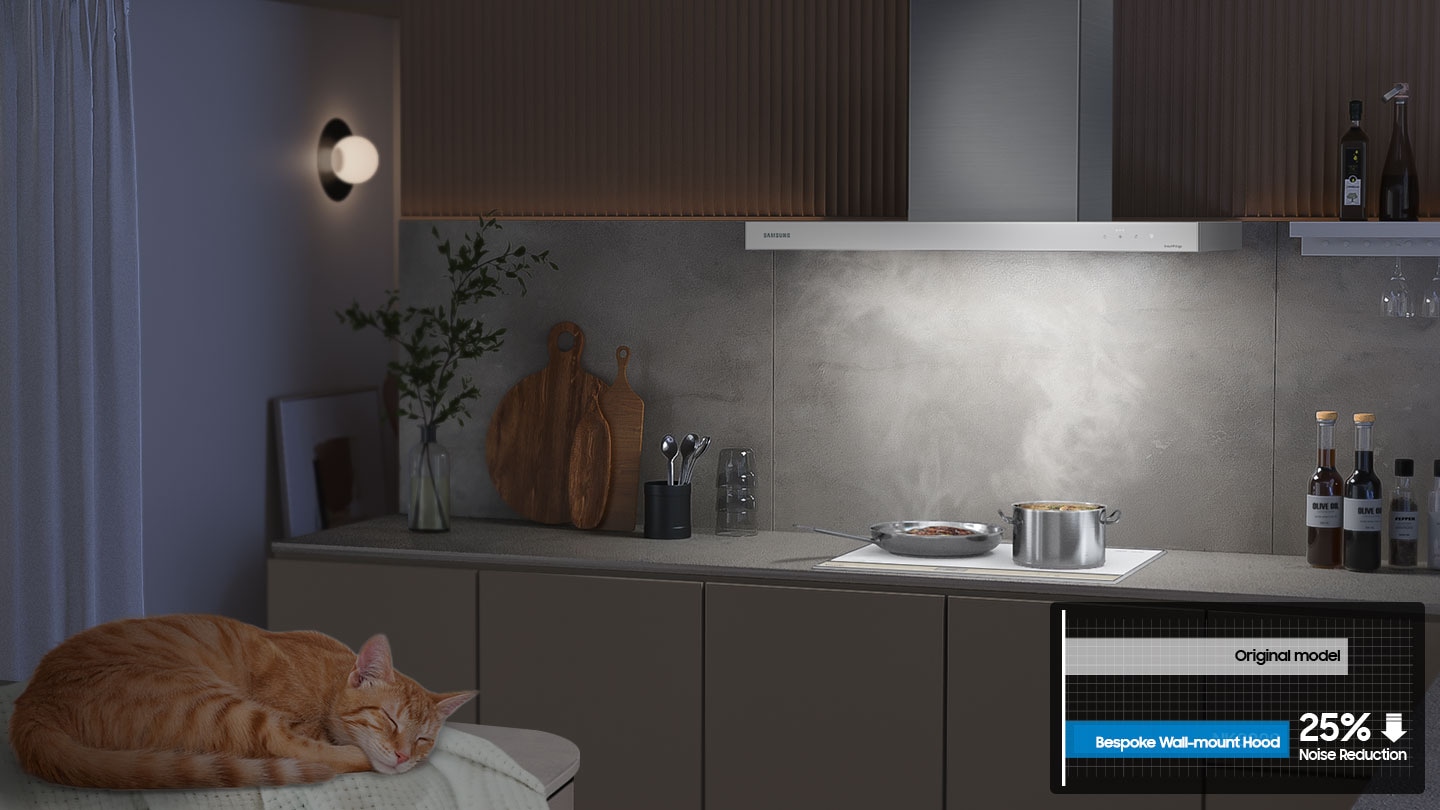 At night, pots and pans are boiling on the cooktop with steam. While the hood operates silently, the cat sleep in kitchen. NK8000AM reduces noise by up to 25% than original model.