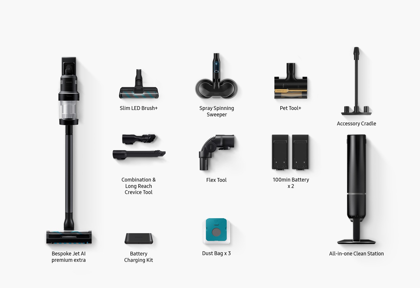 The components that come in the box include Bespoke Jet™ AI, Active Dual Brush, Pet tool+, 100min battery, Combination Tool, Long Reach Crevice Tool, Dust bag x 7, All-in-one Clean Station.