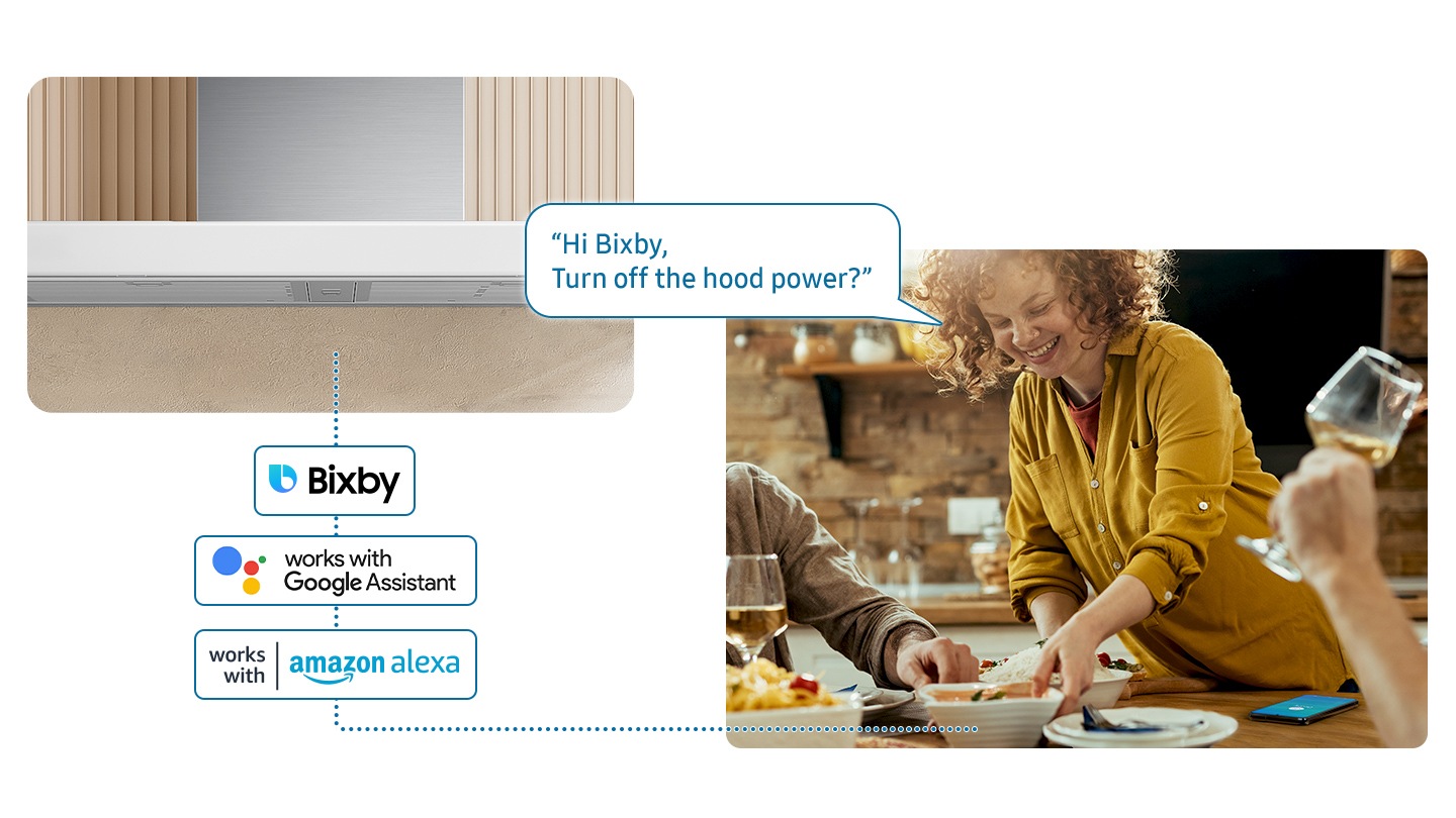 Shows a woman serving food to a table while controlling NK8000AM with her voice using a voice assistant on smartphone, such as Samsung Bixby, Amazon Alexa or Google Assistant. She says, “Hi Bixby, Turn off the hood power?”