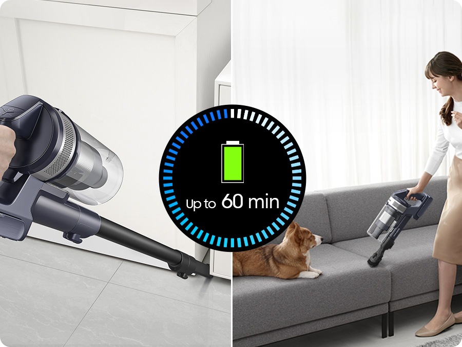 A person cleans the room corner with a Jet 75E equipped with an extension crevice tool and cleans the sofa with a combination tool. The Jet 75 battery allows cleaning for up to 60 minutes*.