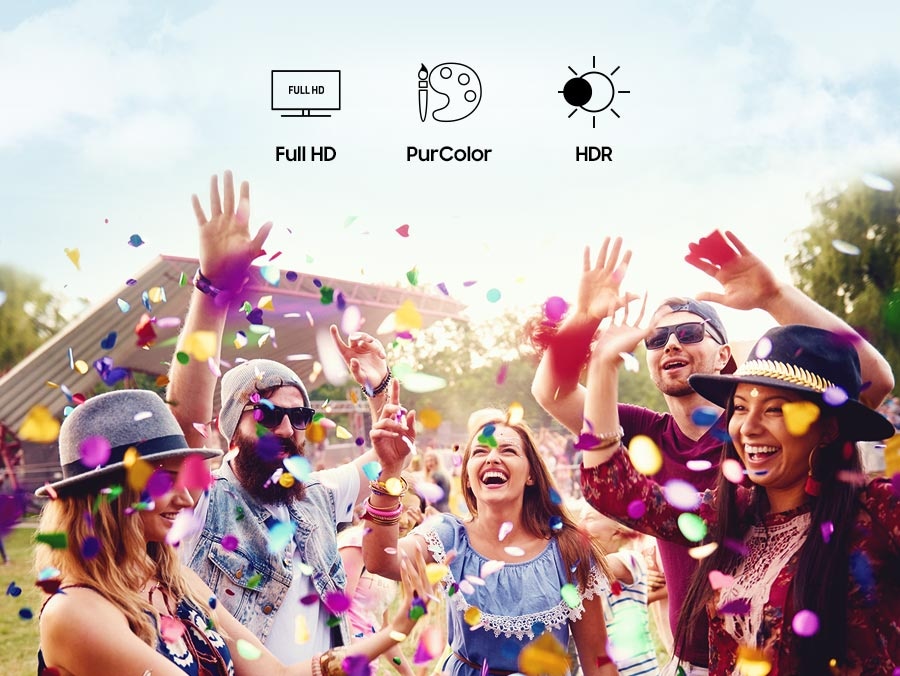 5 people are having a party outdoors with colorful confetti flying in the air. Full HD, PurColor and HDR logos are on display.