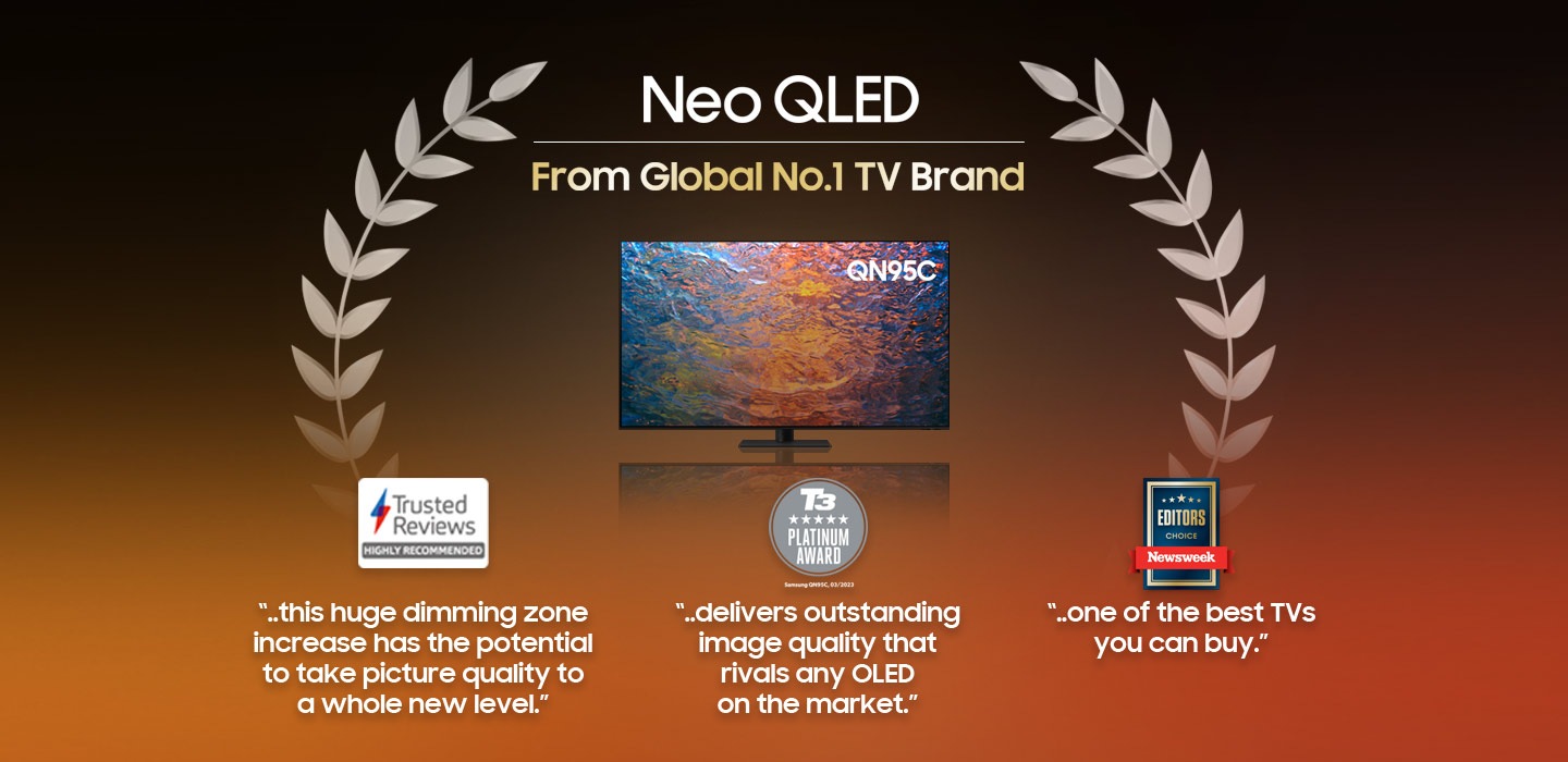 Samsung Neo QLED QN95C with award logos that it has received from Trusted Reviews, T3, and Newsweek.