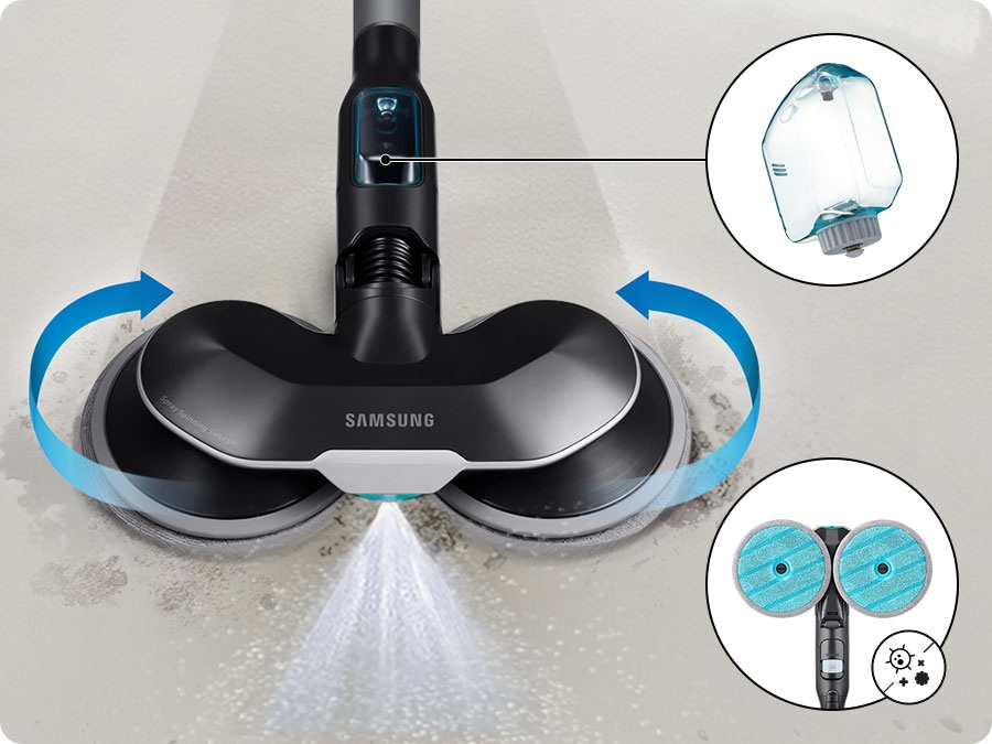 In the closeup of a Bespoke Jet™ AI's spray spinning sweeper, the spray is in the front and one sweeper is rotating clockwise and the other sweeper rotating counterclockwise. Next to it are 2 closeups: first, the easy clean water bottle. Second, the antibacterial reusable pads with an icon that illustrates antibacterial properties on the bottom right.