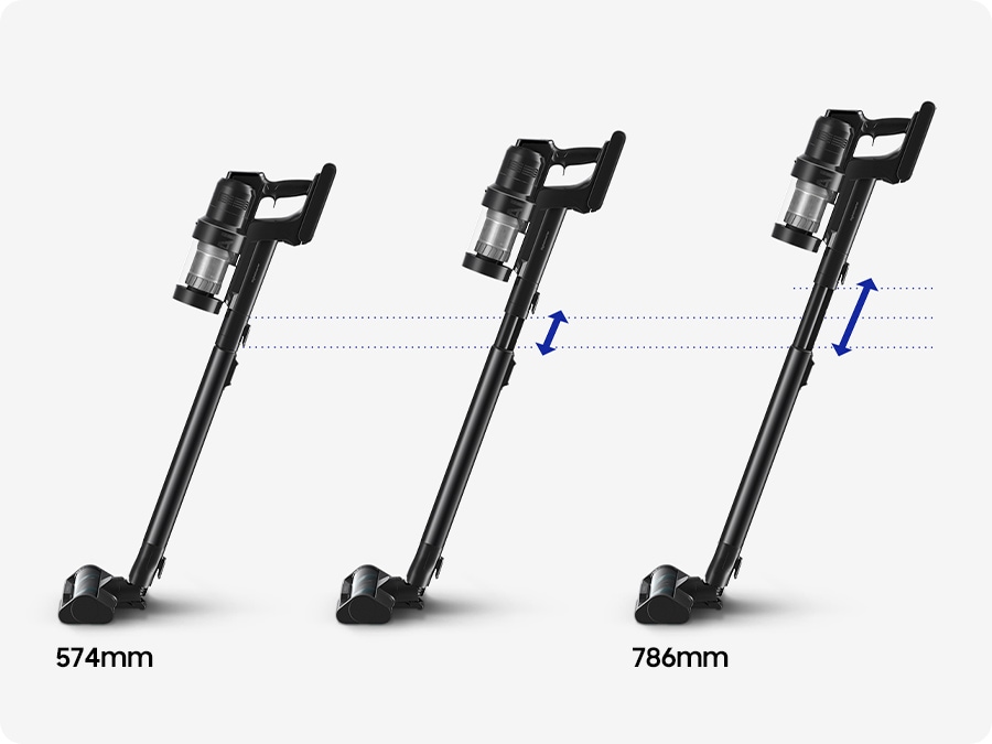 3 Bespoke Jet™ AIs stand side-by-side at different height adjustments. Arrows indicate it can be set between 574 and 786mm.