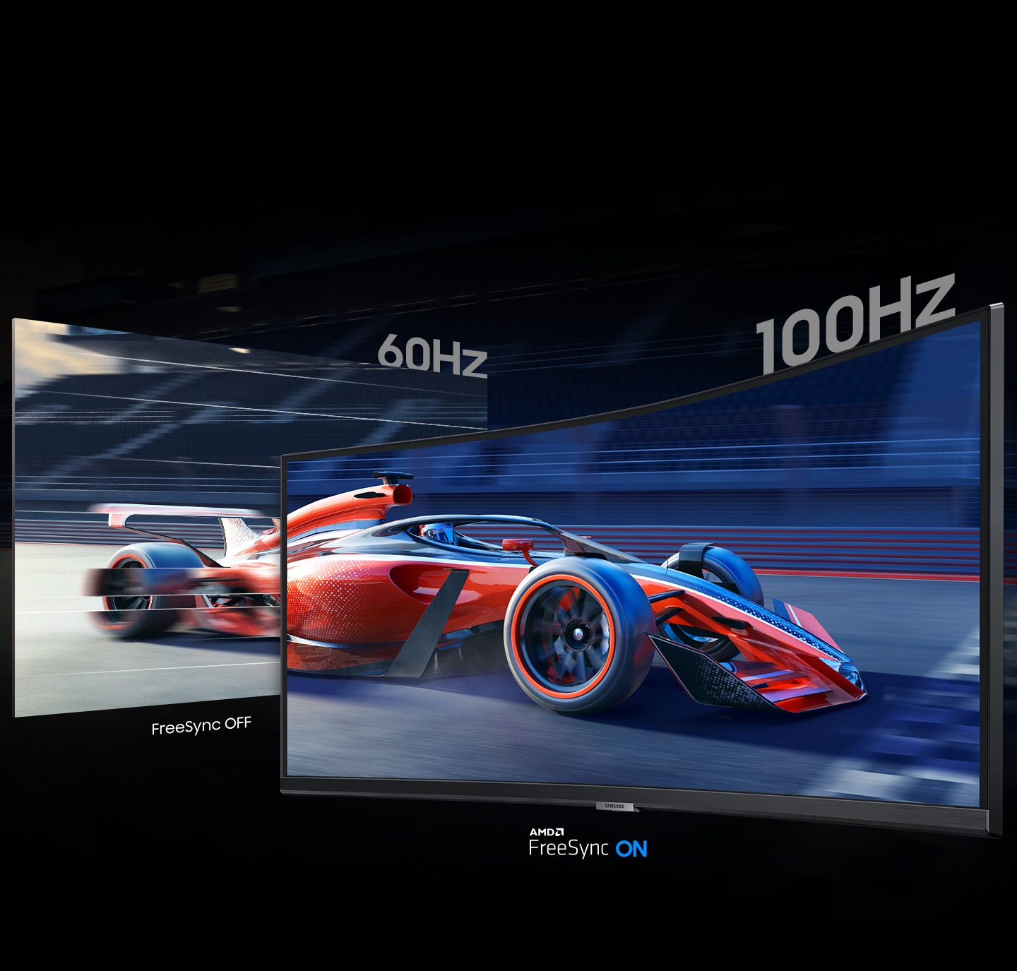 On the left screen, AMD FreeSync is turned off with 60Hz, and on the right screen, AMD FreeSync is turned on with 100Hz. Stuttering occurs on the left screen, but the right screen shows the content smoothly.