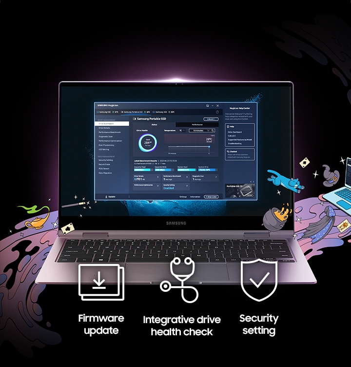 The Magician software provides a toolkit to manage the T9 for optimal performance. This toolkit supports Integrative Drive health checks, firmware updates and security setting.