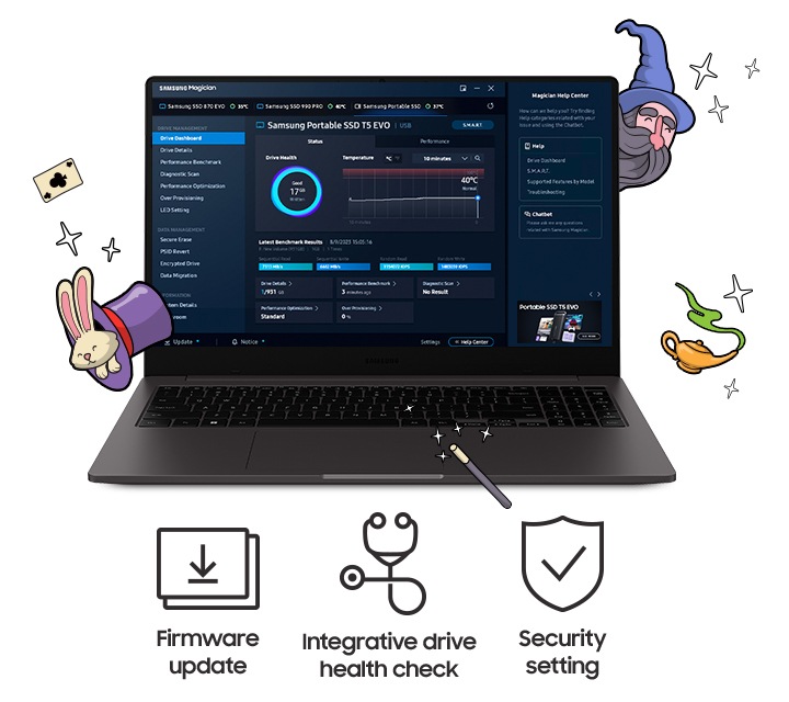 The Magician software provides a toolkit to manage the T5 EVO for optimal performance. This toolkit supports Integrative Drive health check, firmware update and security setting.