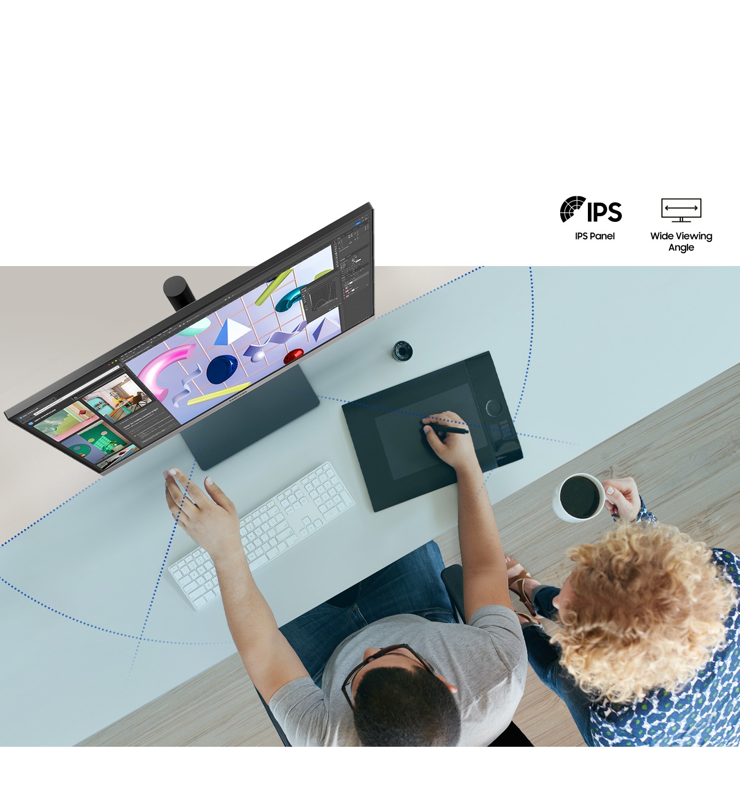 There is a man and woman in front of the monitor, and there are some lines around the monitor that represents its viewing angle. And on the upper right, there are two icons about IPS panel and wide viewing angle.