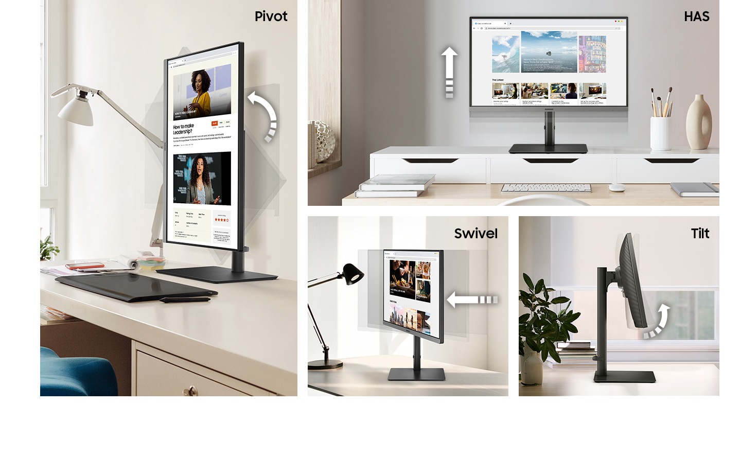 There are four monitors, and the first one is in pivot mode. The second one is being adjusted up and down with 'HAS' text next to it. Third one is moving left and right with 'Swivel' text around it. And the last one is being tilted.