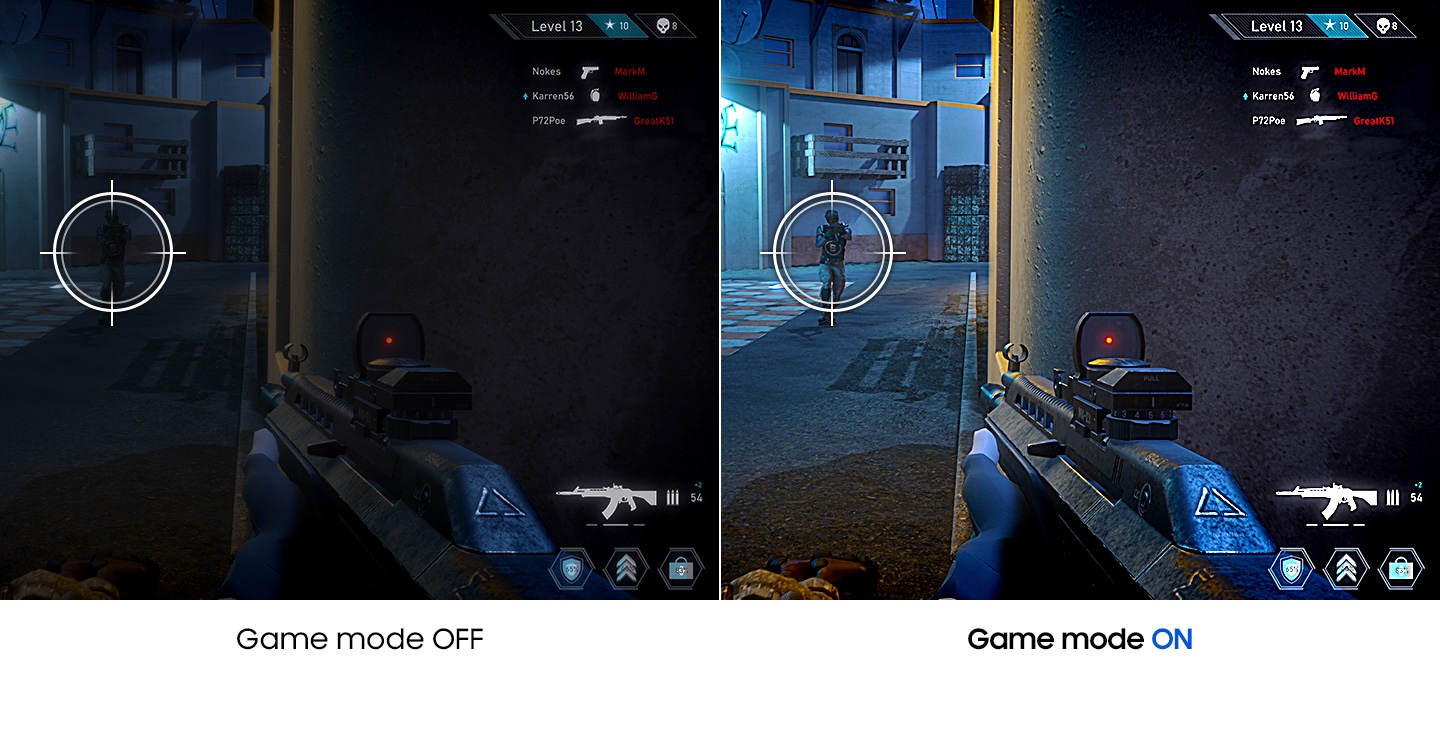 When the Game mode is off, the image looks darker, and hard to find the target. On the other hand, when the Game mode is on, the contrast of the image is adjusted, and therefore it is easier to find the target.