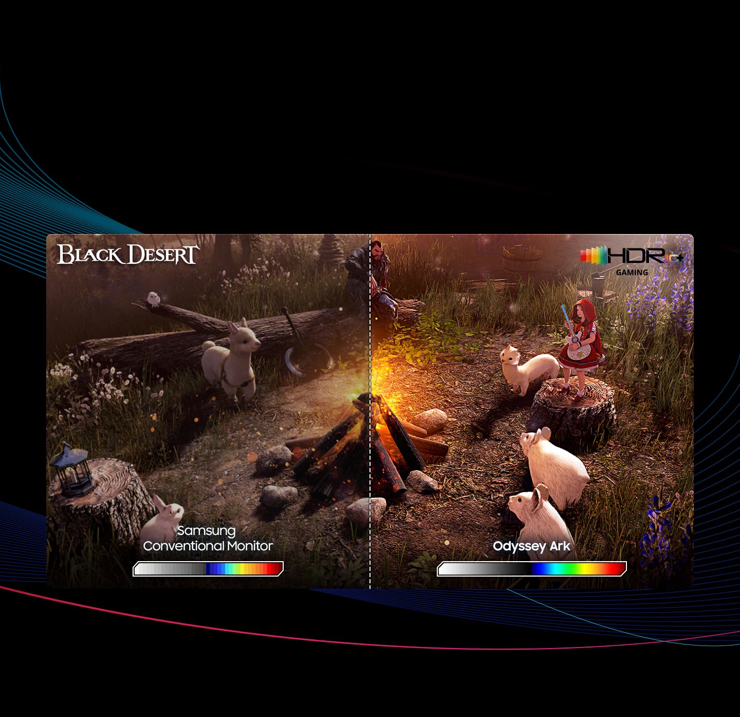 A screen shows a scene of a campfire in the game Black Desert. A man, a girl and animals with white fur sit around a campfire. The screen is separated into two sides. The left side of the screen is labeled “Conventional Monitor,” with a color scale beneath it ranging from white to red. The right side of the screen is labeled “Odyssey Ark,” also with a color scale. The colors on the right of the screen are more vivid, and the color scale has smoother transitions between colors.