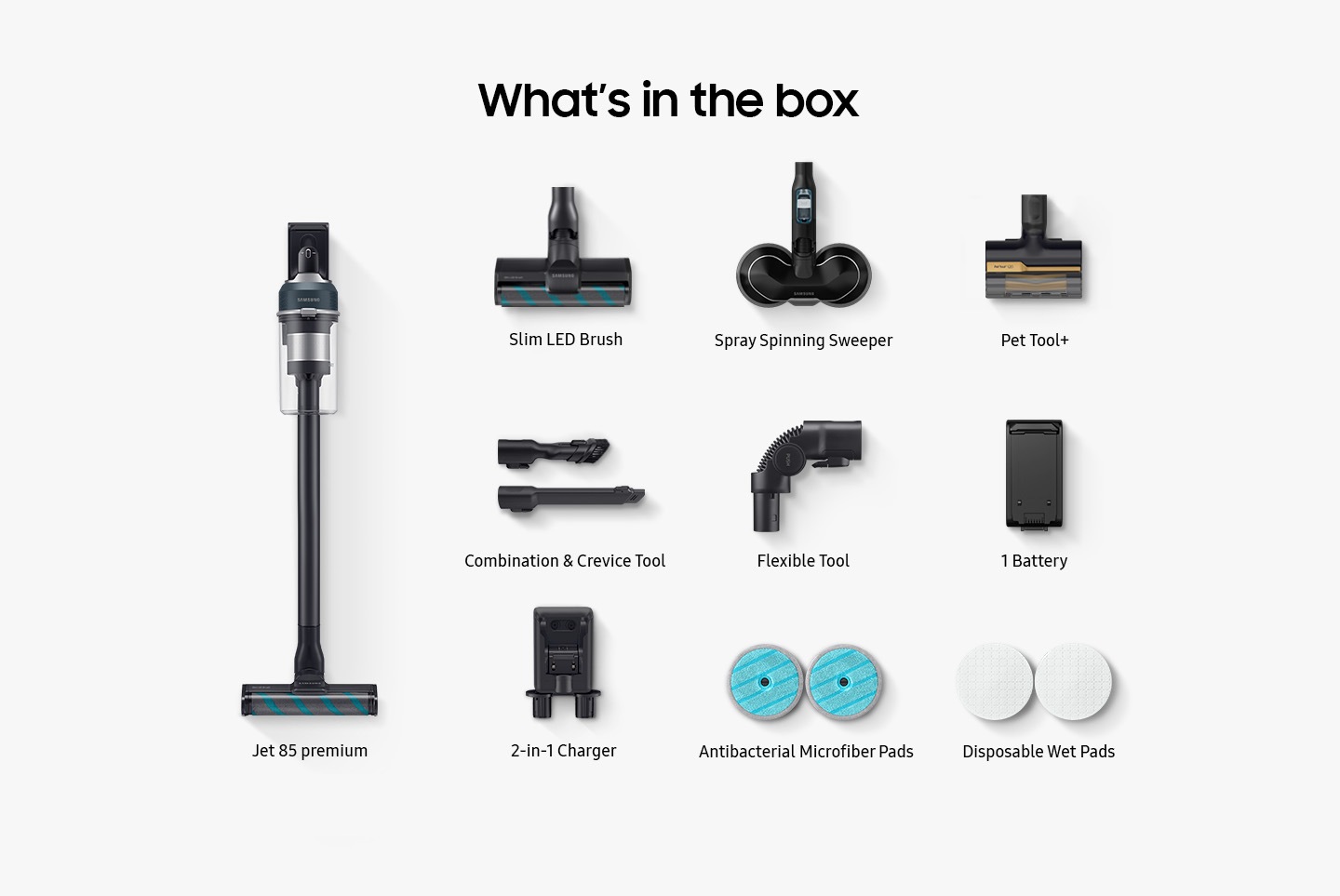 The components that come in the box include Jet 85 Premium, Slim LED Brush, Spray Spinning Sweeper, Pet Tool +, Combination & Crevice Tool, Flexible Tool, 1 Battery, 2-in-1 Charger, Antibacterial Reusable Pads and Disposable Wet Pads. All images shown are for illustration purpose only. Actual model may vary depending on specifications.