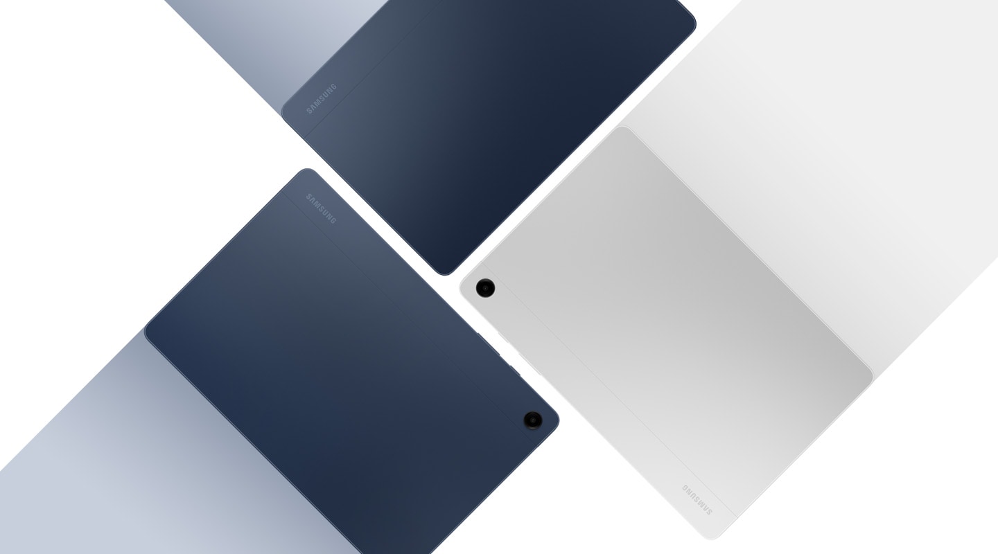 Galaxy Tab A9+ in Graphite, Silver and Navy are placed closely together, all three with the back facing the front.