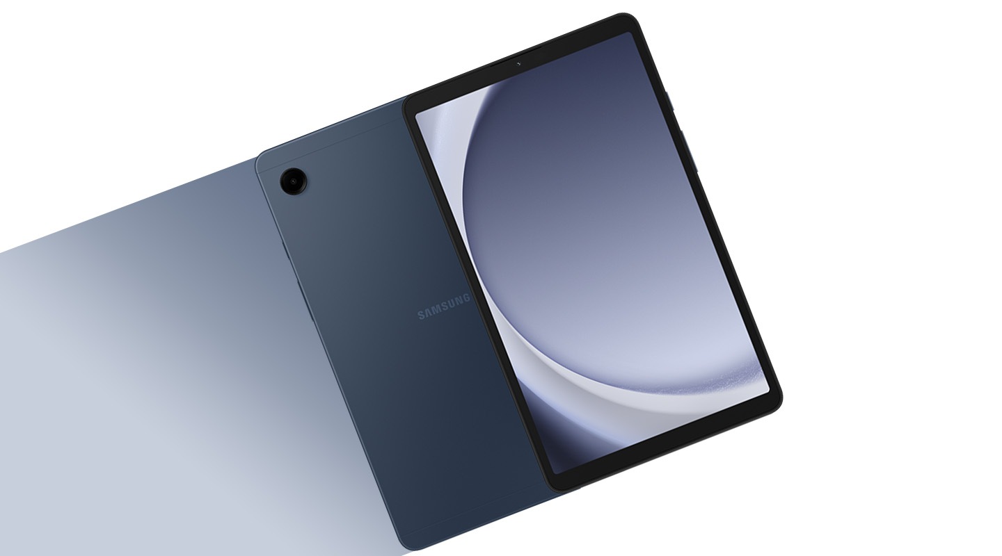 Galaxy Tab A9+ in Graphite, Silver and Navy are placed closely together, all three with the back facing the front.