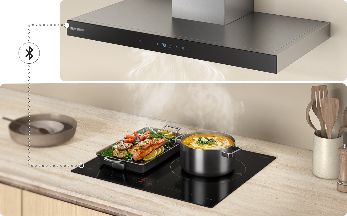 You can control the hood and cooktop at once by connecting them via Bluetooth.