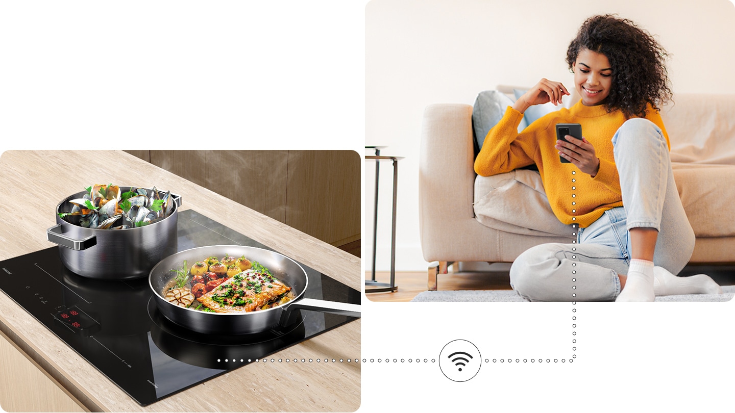 Two pots with delicious food are boiling on the cooktop, and a woman is monitoring the cooktop status remotely near the sofa via the SmartThings app on her smartphone.