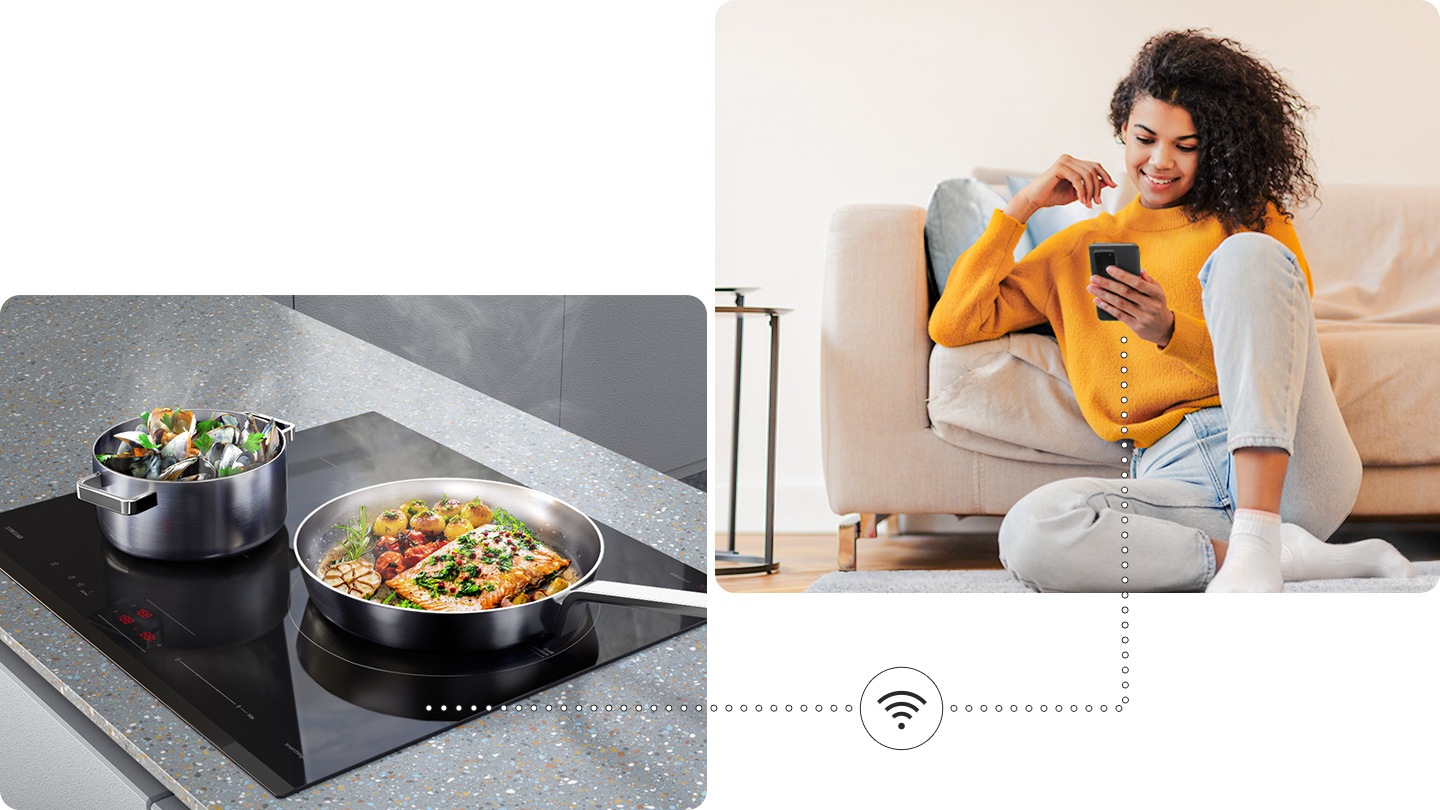 Two pots with delicious food are boiling on the cooktop, and a woman is monitoring the cooktop status remotely near the sofa via the SmartThings app on her smartphone.