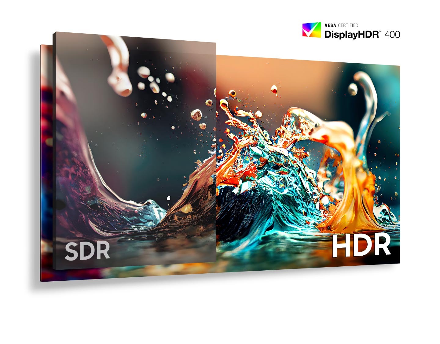 The SDR and HDR is being compared, and the image for HDR is more bright and vivid. On top of the image, there is the VESA certified DisplayHDR 400 logo.