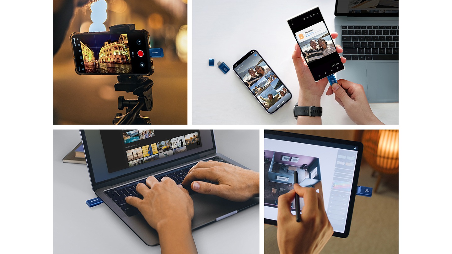 A total of four areas are used to show examples of Type-C&trade; usage.In the first area, video is being shot with a smartphone plugged in with Type-C&trade;.In the second area, files are exchanged between various devices such as smartphones and laptops through Type-C&trade;.In the third area, Type-C&trade; is plugged into a laptop.In the fourth and final area, the tablet is plugged in with Type-C&trade;.