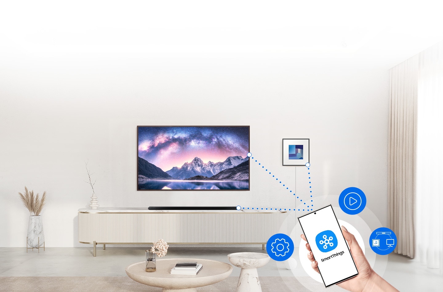 A phone has a SmartThings logo on screen. UI icons hover nearby. Dotted lines connect the phone to a TV and sound devices.